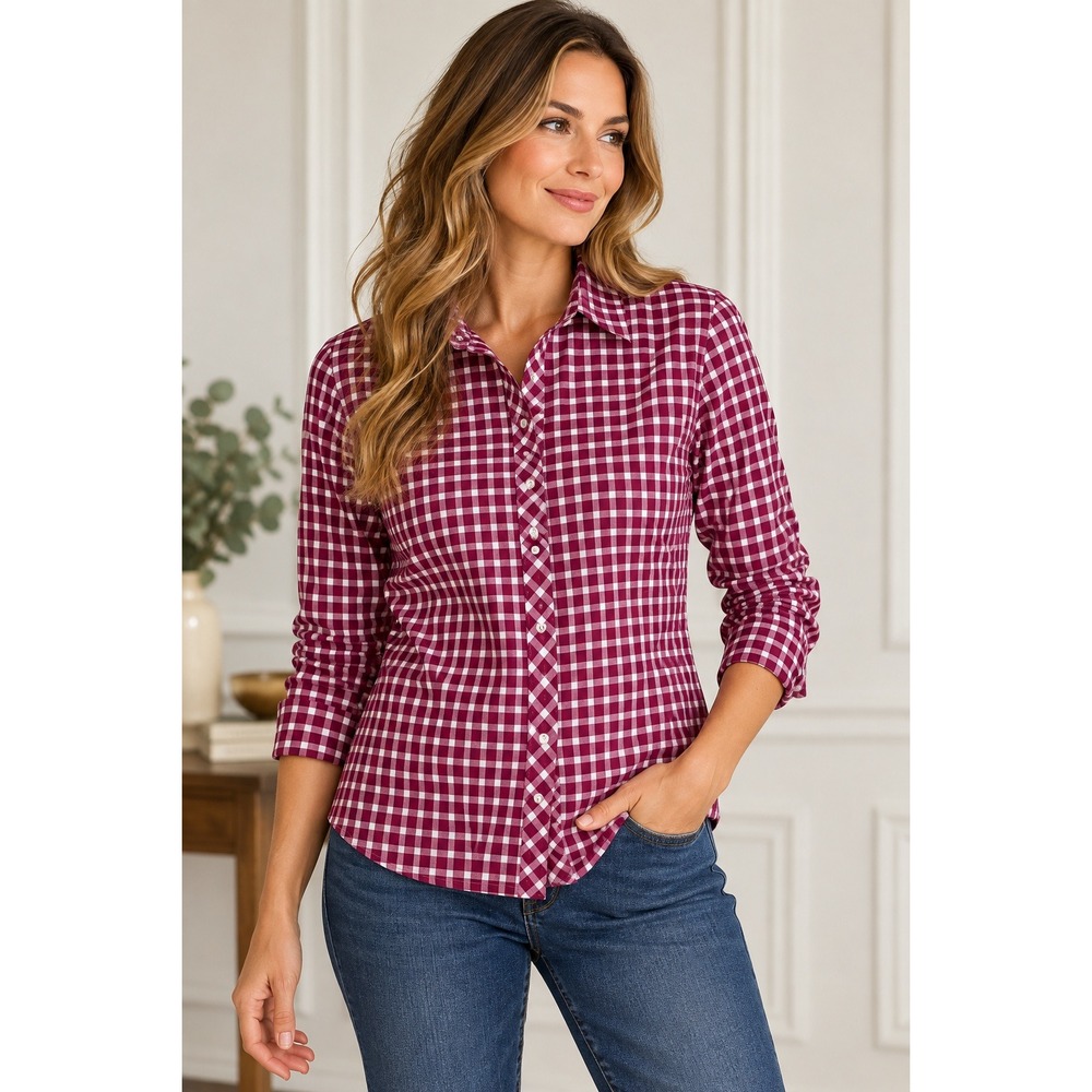 Talbots Petite Burgundy Gingham Button Down Shirt Cotton Stretch LP